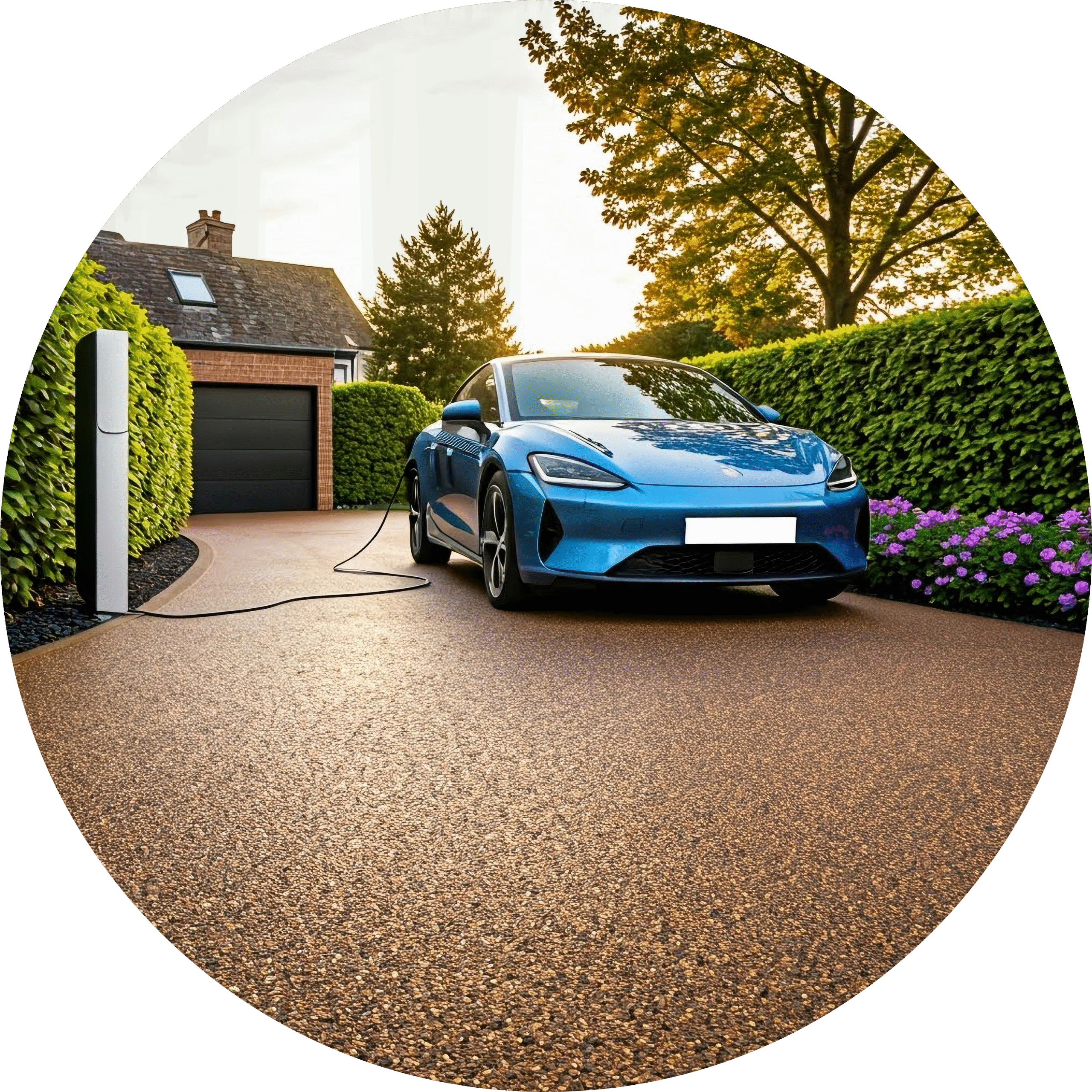 circle image of a resin driveway with car